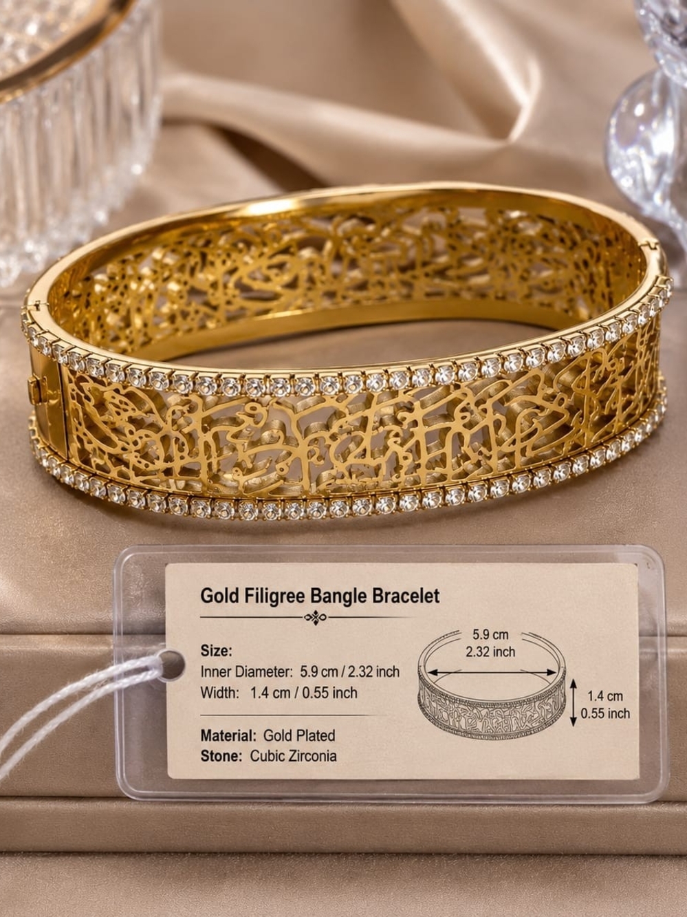 Gold Filigree Hinged Bangle with Cubic Zirconia Trim